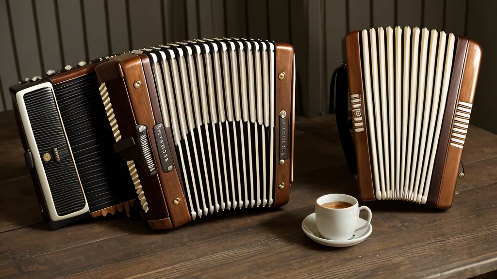 Die Ziehharmonika liegt neben einer Kaffeetasse auf einem Holztisch.