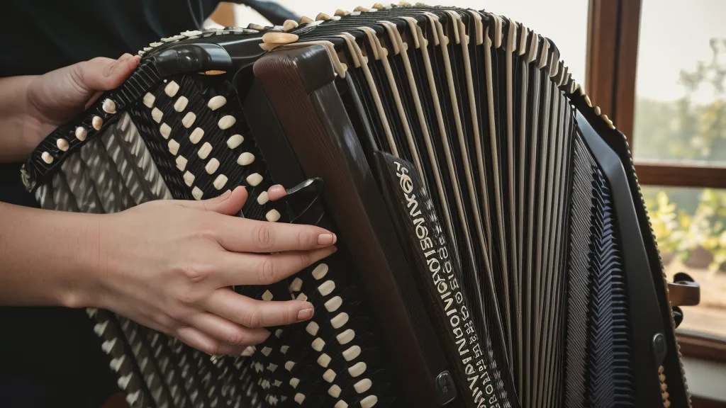 Nahaufnahme der Hände einer Frau auf den Knöpfen einer zweireihigen Ziehharmonika.
