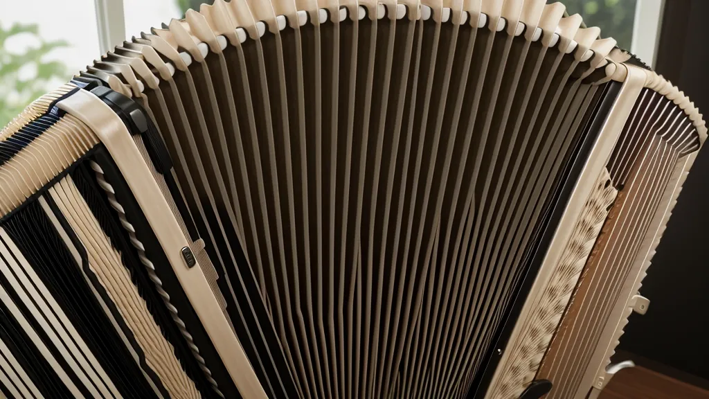 Detailaufnahme des Balgs einer Ziehharmonika im sanften Licht.