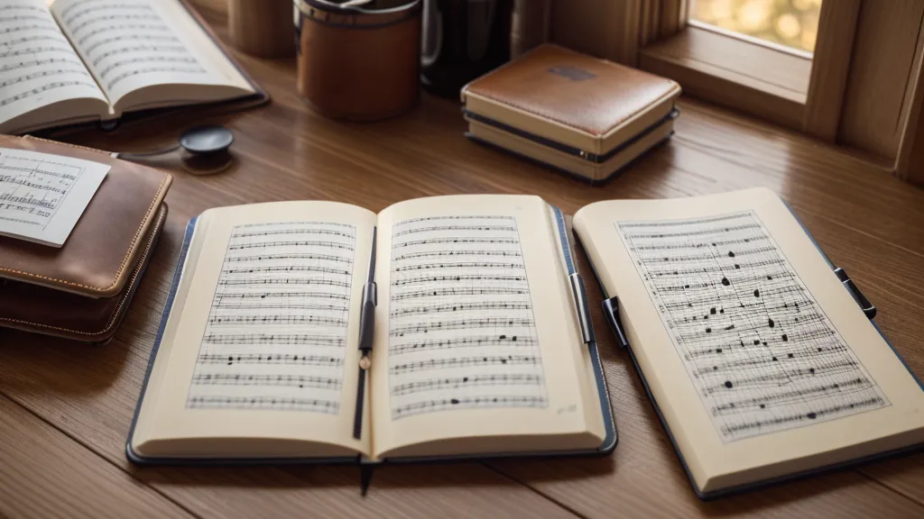 Ein handgeschriebenes Tagebuch über das Akkordeonlernen neben einem Instrumentenkoffer.