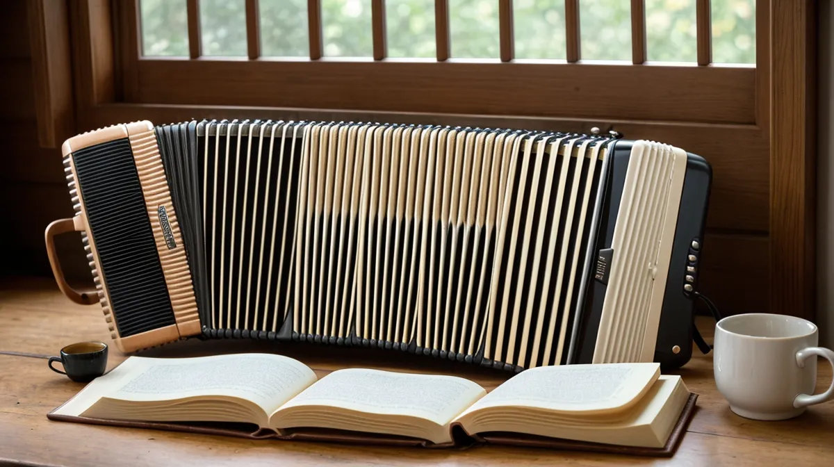 Ziehharmonika-Wartung: verklebter Knopf an einer alten zweireihigen Ziehharmonika vor der Reparatur