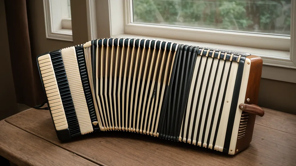 Detailaufnahme der Balgfalten einer alten Ziehharmonika im sanften Licht.