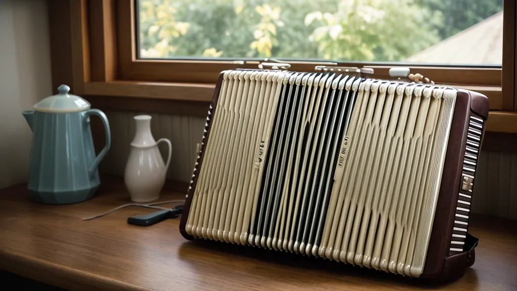 Der geöffnete Balg einer Ziehharmonika zeigt die Textur und den mechanischen Aufbau.
