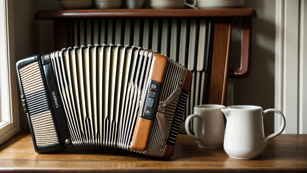 Nahaufnahme einer Hand auf den Knöpfen einer alten Ziehharmonika