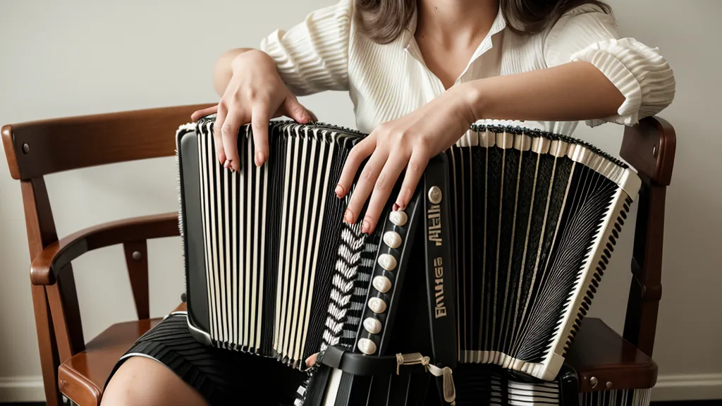 Nahaufnahme von Händen, die die Knöpfe einer zweireihigen Ziehharmonika spielen.