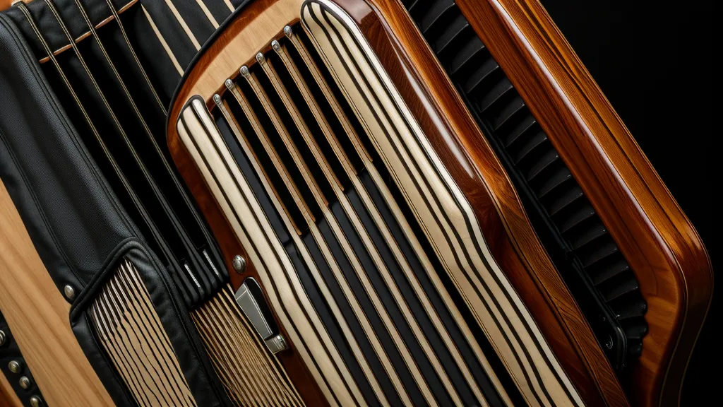 Die Bassseite einer kompakten Ziehharmonika mit acht Knöpfen und Lederriemen.