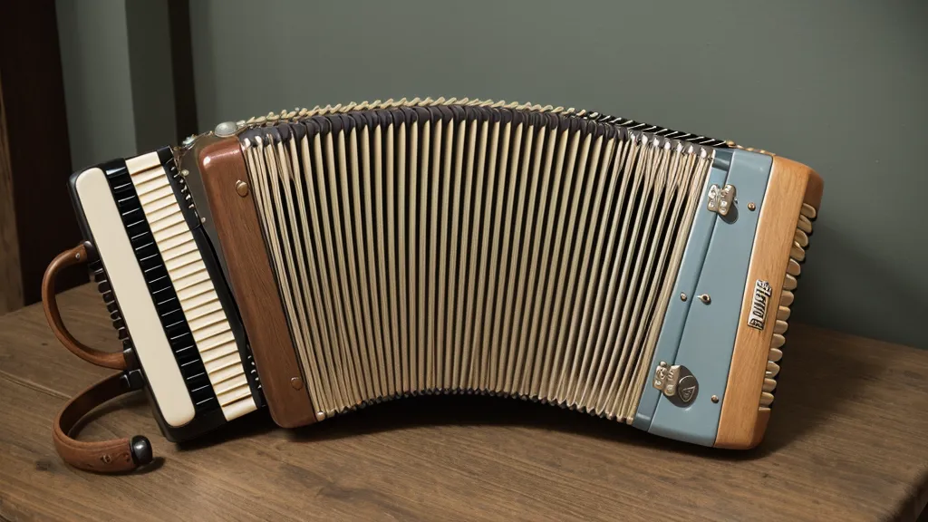 Eine Hand ruht auf den Bassknöpfen einer Ziehharmonika in einer gemütlichen Küche.