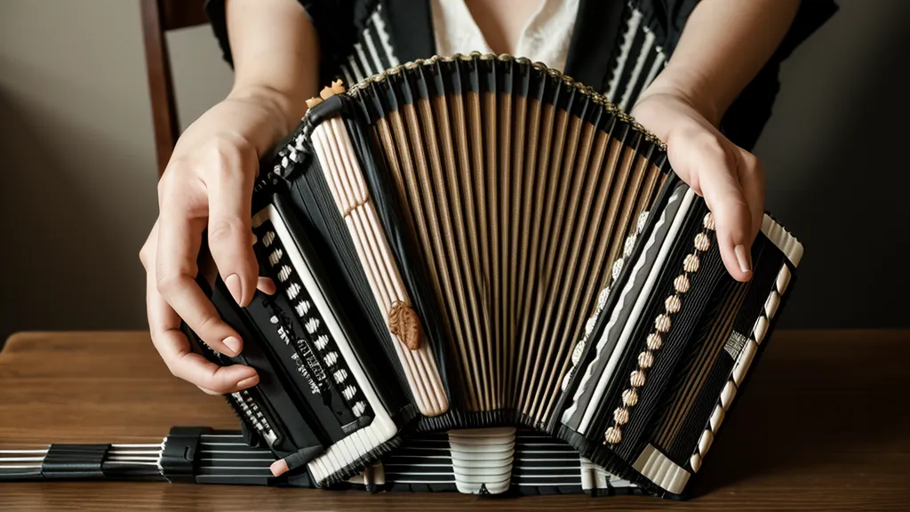 Nahaufnahme der Hände an Balg und Knopfreihe beim Üben von Druck und Zug auf der wechseltönigen Ziehharmonika