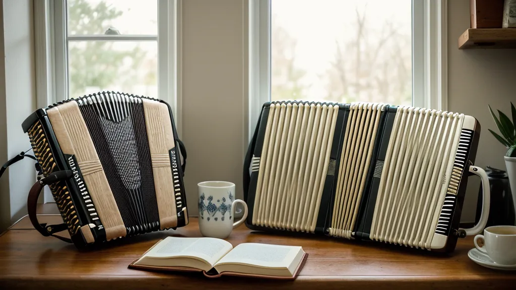 Tagebuch mit Notizen zum Ziehharmonika-Lernen und eine Tasse Kaffee