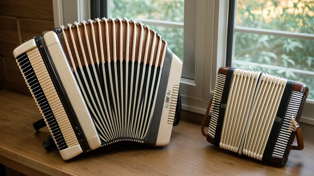Nahaufnahme der Hände einer Krankenschwester auf den Knöpfen einer alten Ziehharmonika.