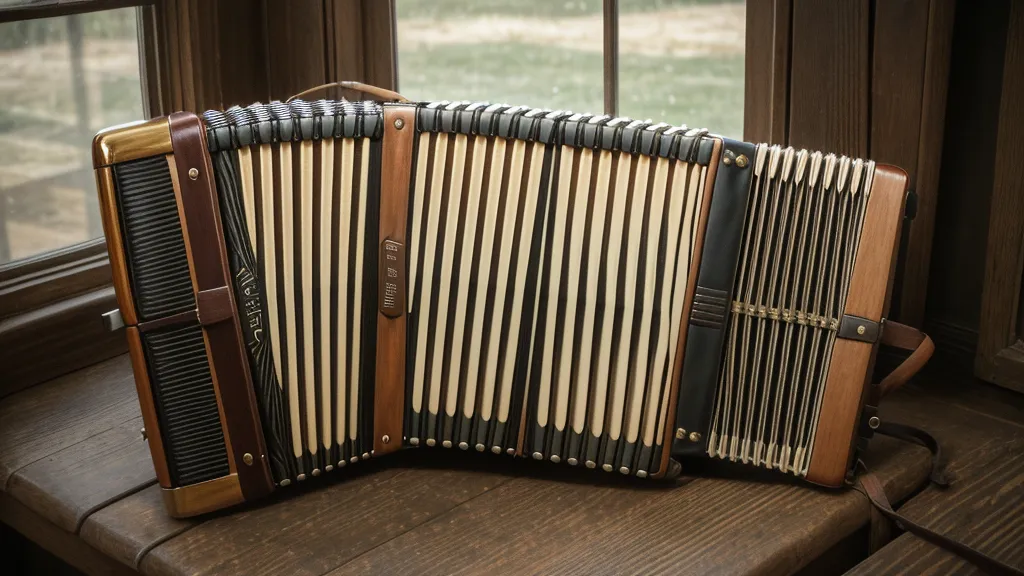 Detailansicht des Balgs einer alten Ziehharmonika aus Leder und Karton