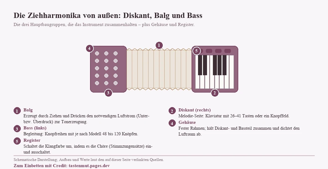Schematische Darstellung einer Ziehharmonika: links der Bass mit Knopfreihen, in der Mitte der Balg, rechts der Diskant mit Klaviatur und Registern, jeweils nummeriert und erklärt